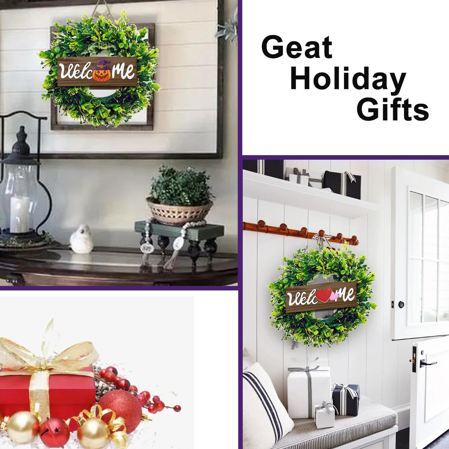 Artificial Boxwood Wreaths for Front Door, 16" Spring Summer Green Door Wreath with Welcome Sign for Holidays Wall Window Porch Farmhouse Decor Housewarming Gift