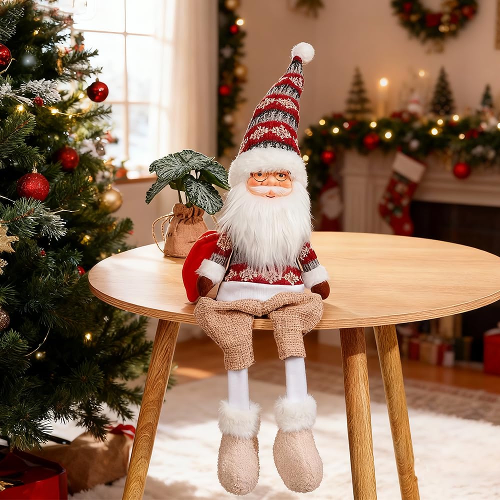 Dedrian11 23.6’’ Christmas Sitting Santa Shelf Sitter Decor, Long Dangling Legs, Poseable Wired Hat & Arms, Nordic Knit Sweater, Mantel Shelf Tabletop Ornament, Weighted Bottom