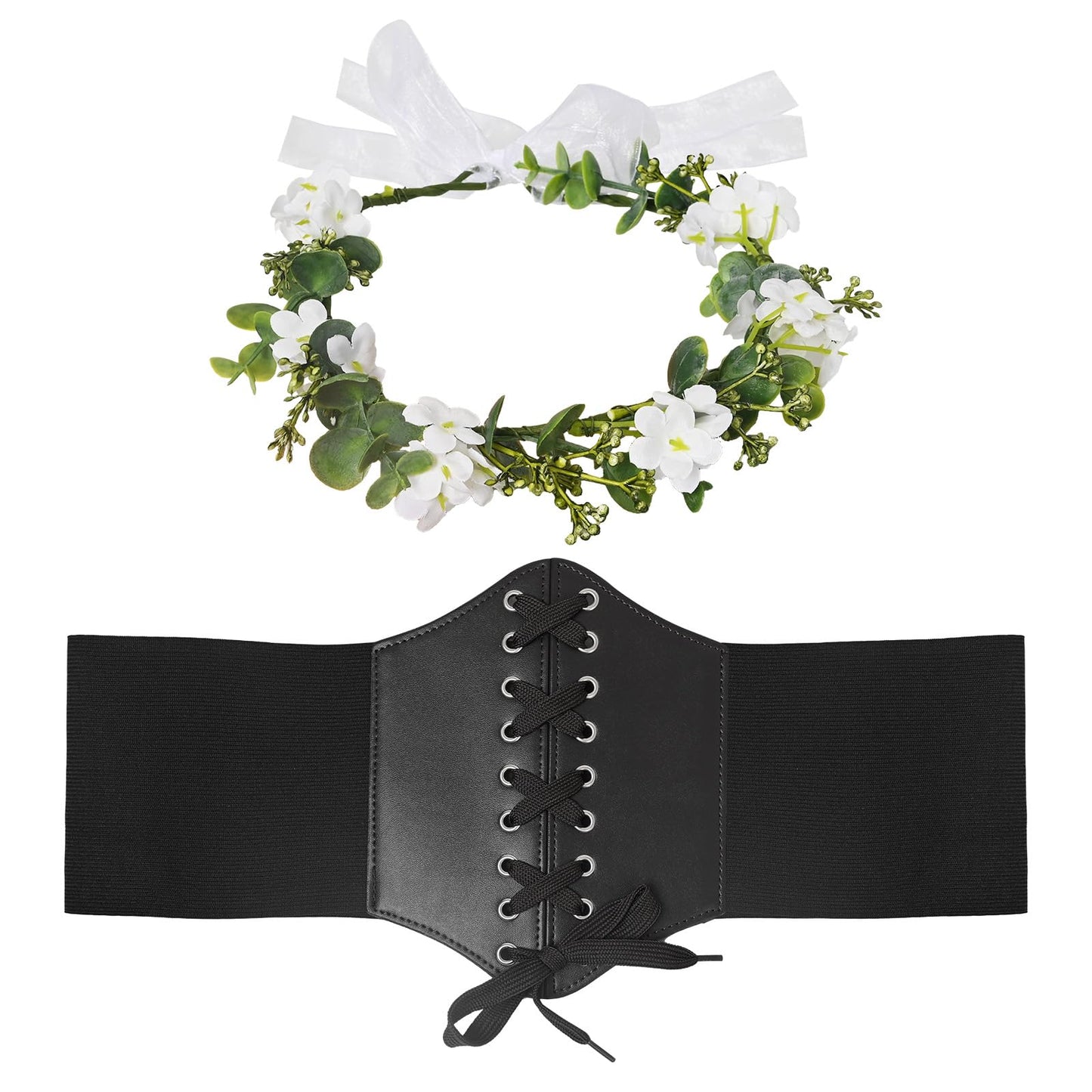 XZCYAMPF Lace-up Pirate Corset Belt for Women, Leather Waist Cincher with Floral Headpiece, Renaissance Halloween Costume Accessories (Black, 36ft)