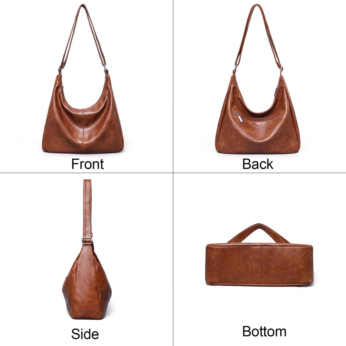 Hobo Bags for Women Vegan Leather Purses Slouchy Shoulder Bag Womens Tote Crossbody Foldable Ladies Handbag Brown