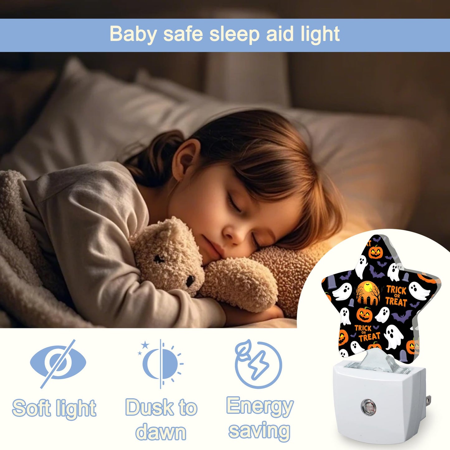 Halloween Pumpkin Night Light,Ghost Bats Plug-in Star Night Lights with Dusk-to-Dawn Sensor for Bedroom,Bathroom,Living Room Sleep Friendly Lamp for Women Girls Boys Gift,0.5W