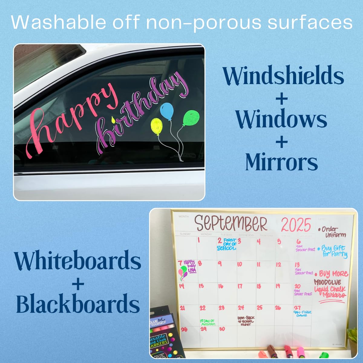 MoodClue Liquid Chalk Markers for Glass Erasable – 6 Neon Wet & Dry Erase Chalk Markers, Reversible Fine & Bold Tip, Washable Window, Mirror, Whiteboard, Blackboard & Car Window
