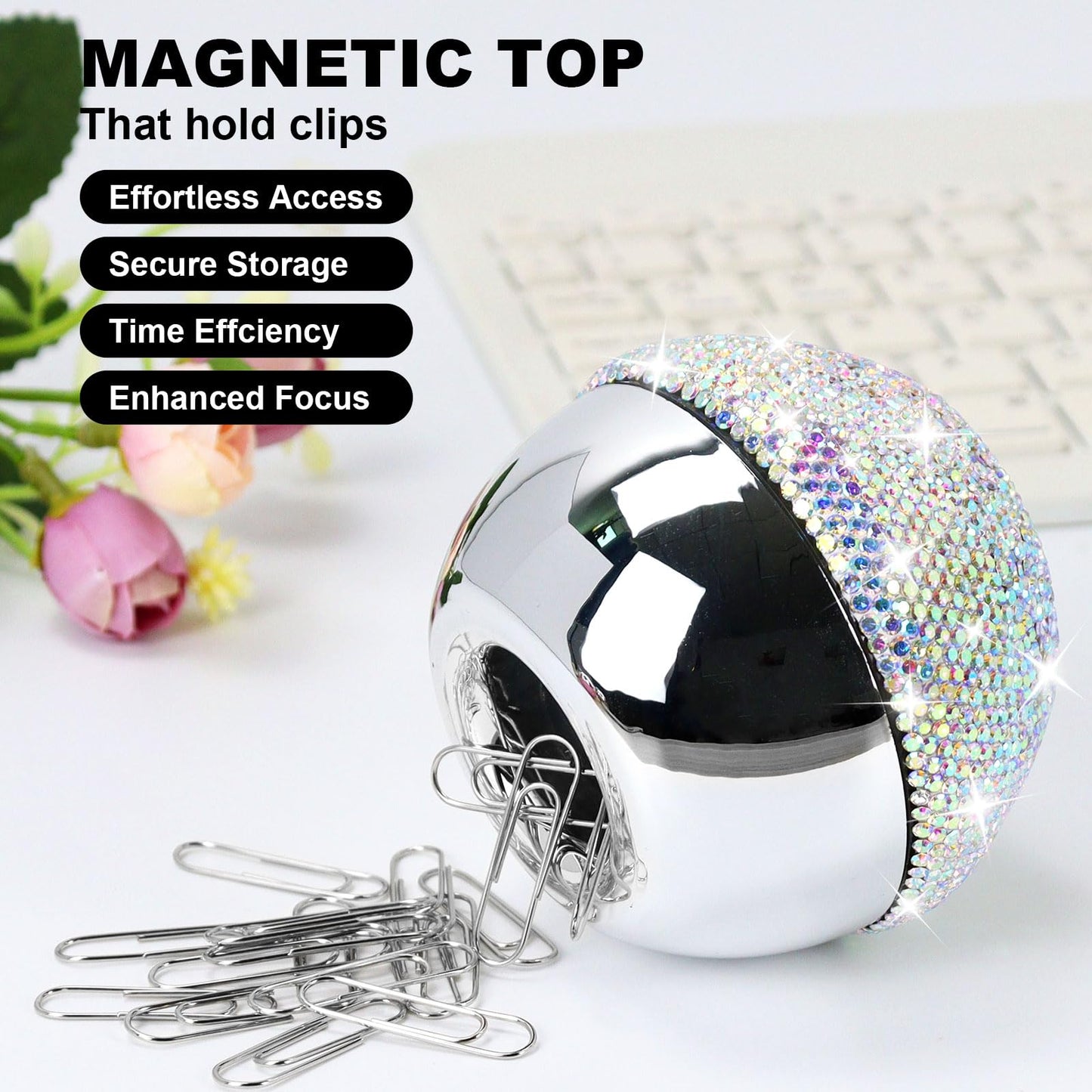 etspolt Rhinestone Paper Clip Holder, 100 Pcs 28mm(1.1") Paper Clips in Bling Sliver Round Magnetic Paper Clip Dispenser, Paperclip Holders for Desk Organizer (White)