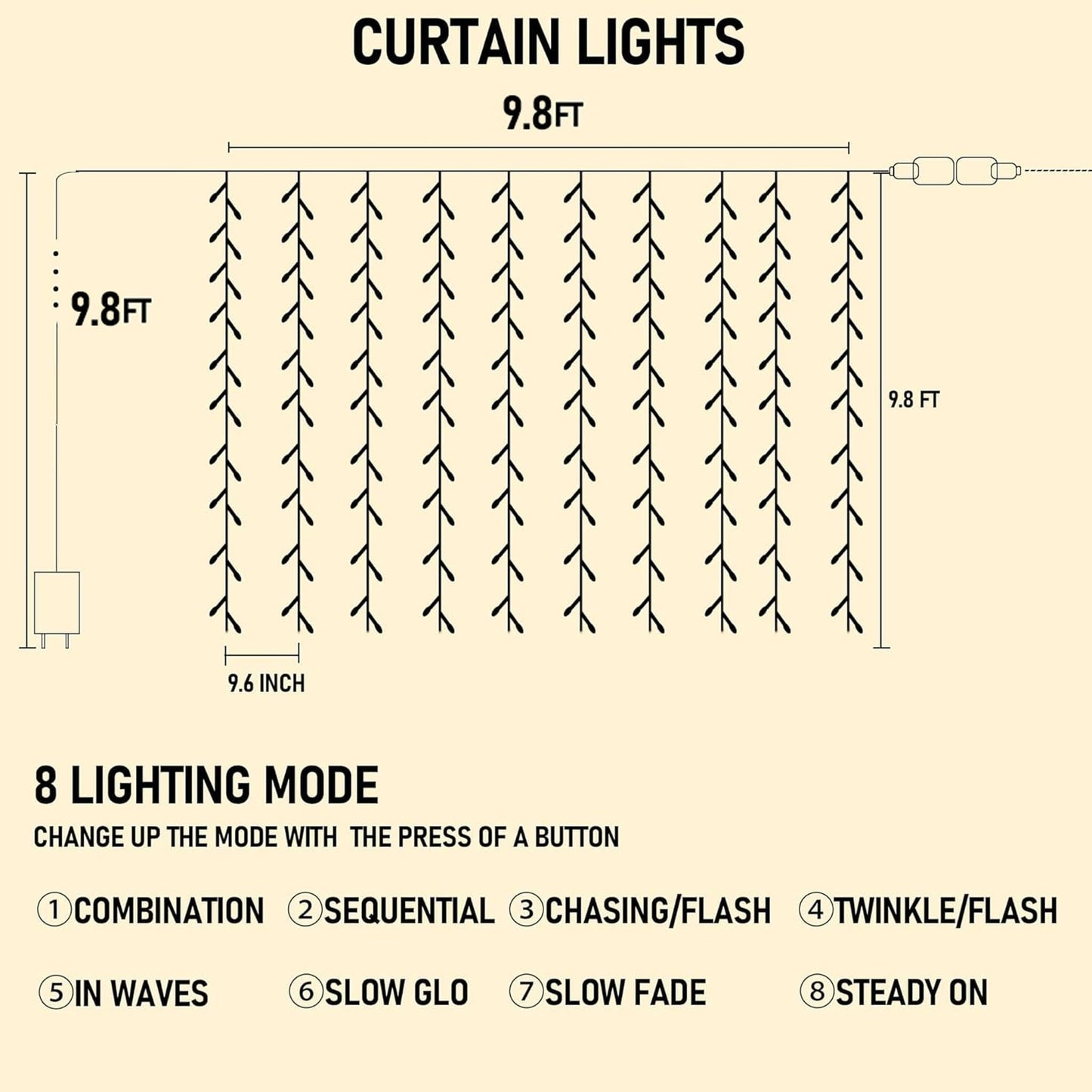 Dazzle Bright 300 LED Curtain String Lights, Christmas Fairy Lights for Bedroom with 8 Lighting Modes, Connectable Waterproof Window Lights Party Wedding Garden Wall Decor, White