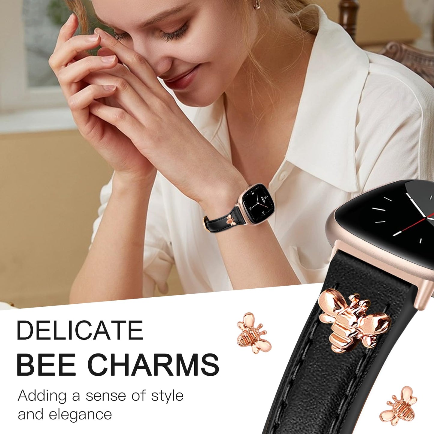 JR.DM Slim Leather Bands Compatible with Fitbit Versa 4/Versa 3/Sense 2/Sense Band, Top Genuine Soft Leather Band with Charms, Feminine Designer Strap for Fitbit Smartwatch, Black Rose Gold