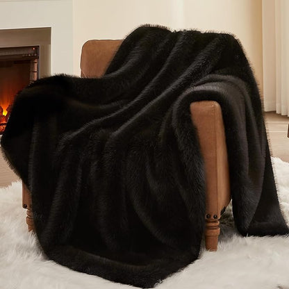 L'AGRATY Faux Fur Throw Blanket: 50''x 60'' Luxury Fluffy Plush Thick Faux Fur Blanket for Bed Couch Sofa - Cozy Soft Fuzzy Blankets for Women Man: Minky Couture Decoration Blanket (Black)