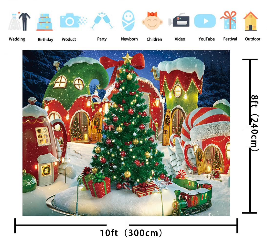Cartoon Christmas Village Photography Backdrop Winter Snow Pine Tree Background Xmas Fairy Tale Animated Kid Party Photo Booth Banner Supplies (10x8)