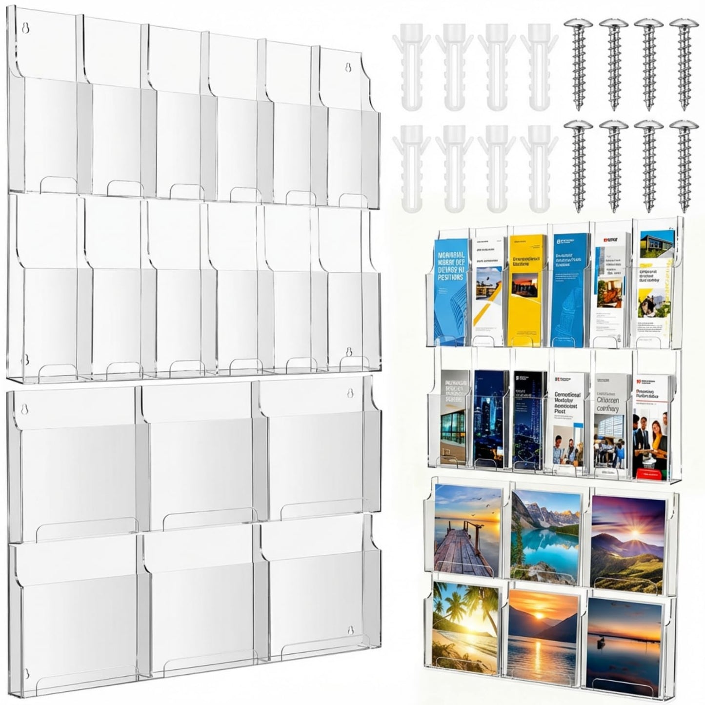 Thyle Acrylic Brochure Pamphlet Holder with 6 Magazine & 12 Pamphlet Slots, Clear Magazine Display Rack, Wall-Mounted Literature Organizer for Home and Office Waiting Room