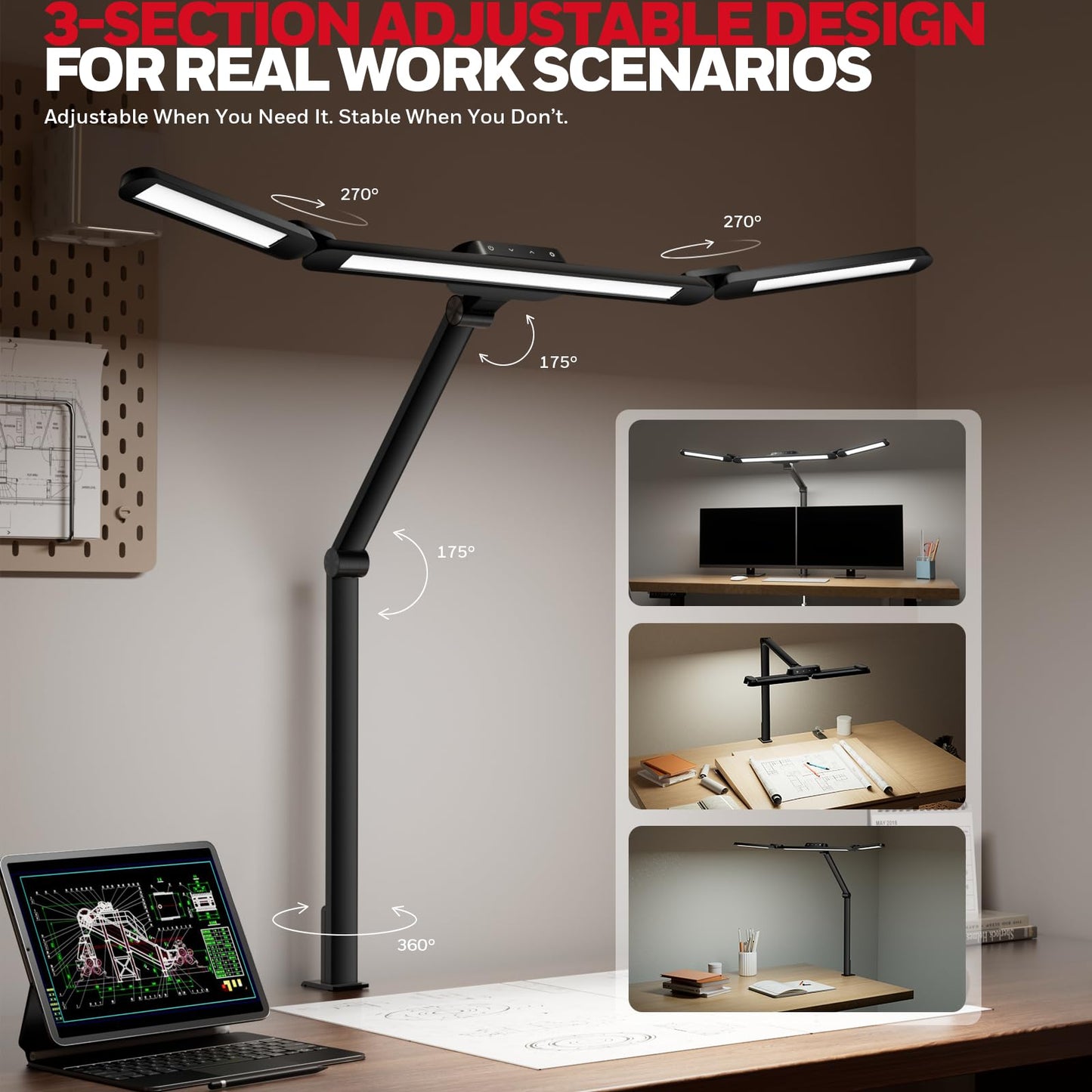 Honeywell Wide Desk Lamp with Clamp for Dual Monitors, 22W Full-Spectrum Eye-Caring LED Desk Lamp for Home Office, 3-Section Adjustable Architect Light for Large Desk, Stepless Dimming, 3000K-5700K