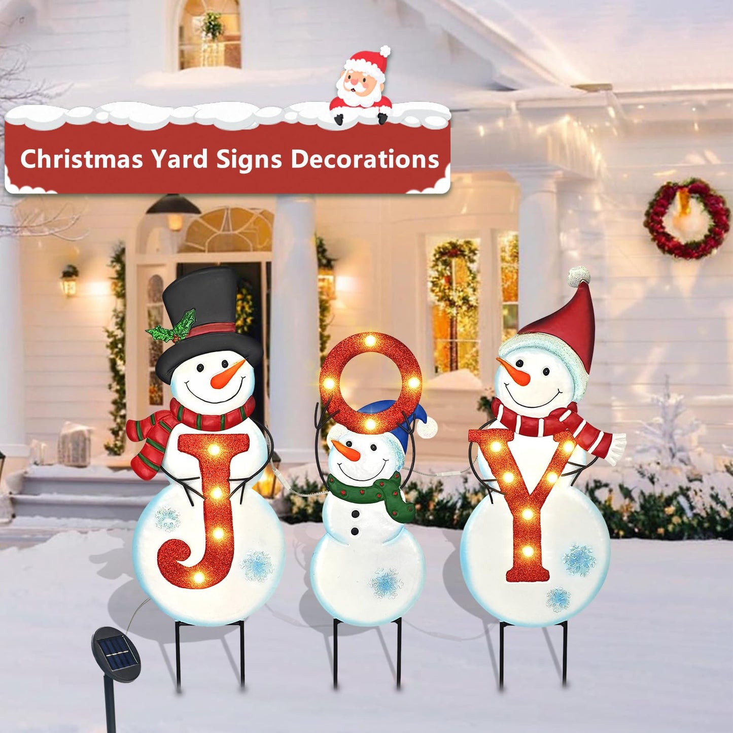 Christmas Outdoor Yard Signs Decorations, LED Solar Metal Garden Stake Lights with Joy for Patio Lawn Christmas Decor (Snowman Family)
