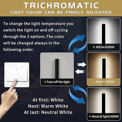 Modern 23.6inch Outdoor Wall Light, 3000k/4500k/6000k 3 Color Change Black Exterior Light Fixtures Wall Mount, Ip65 Waterproof Modern Porch Lights Non-Dimmable, Long Linear Outside Lighting Hard-Wired