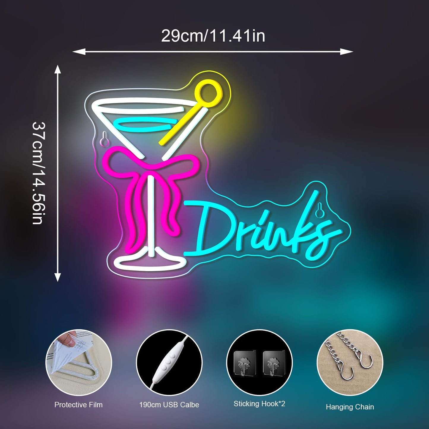 VVYXX Drink Bow Cocktail Glass Neon Sign LED Neon Light Up Sign for Wall Home Decor Bedroom Business Club Party Bars Shop USB Powered Really Pretty Neon Decor