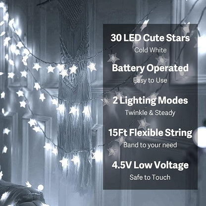 Star Light Star String Lights 15 FT 30 LED Fairy Light Battery Operated Indoor&Outdoor Twinkle Christmas Lights Bedroom Decor for Xmas Tree(Cool White)