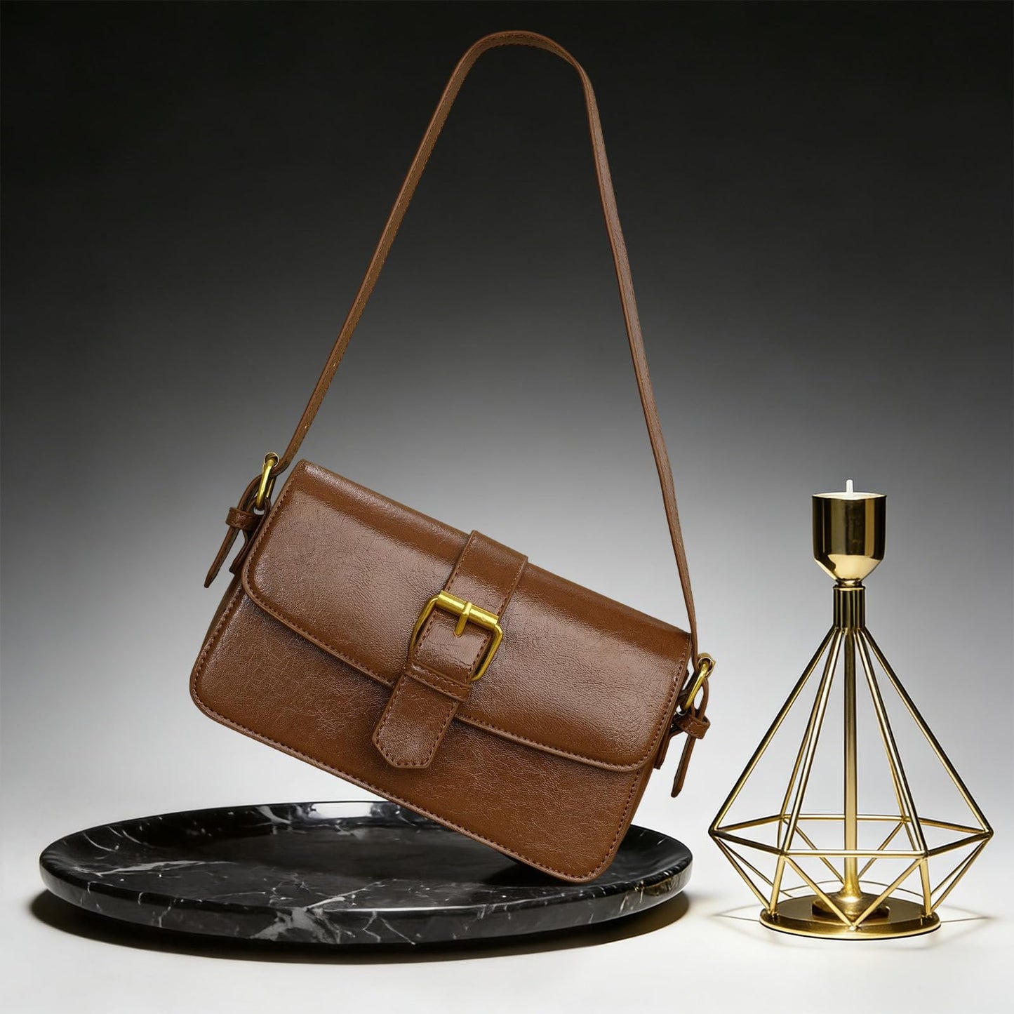XquiziFit Shoulder Bag for Women Small Clutch Purses Cute Hobo Purses and Handbags Retro Leather Underarm Crossbody Bag with 2 Removable Strap, Brown