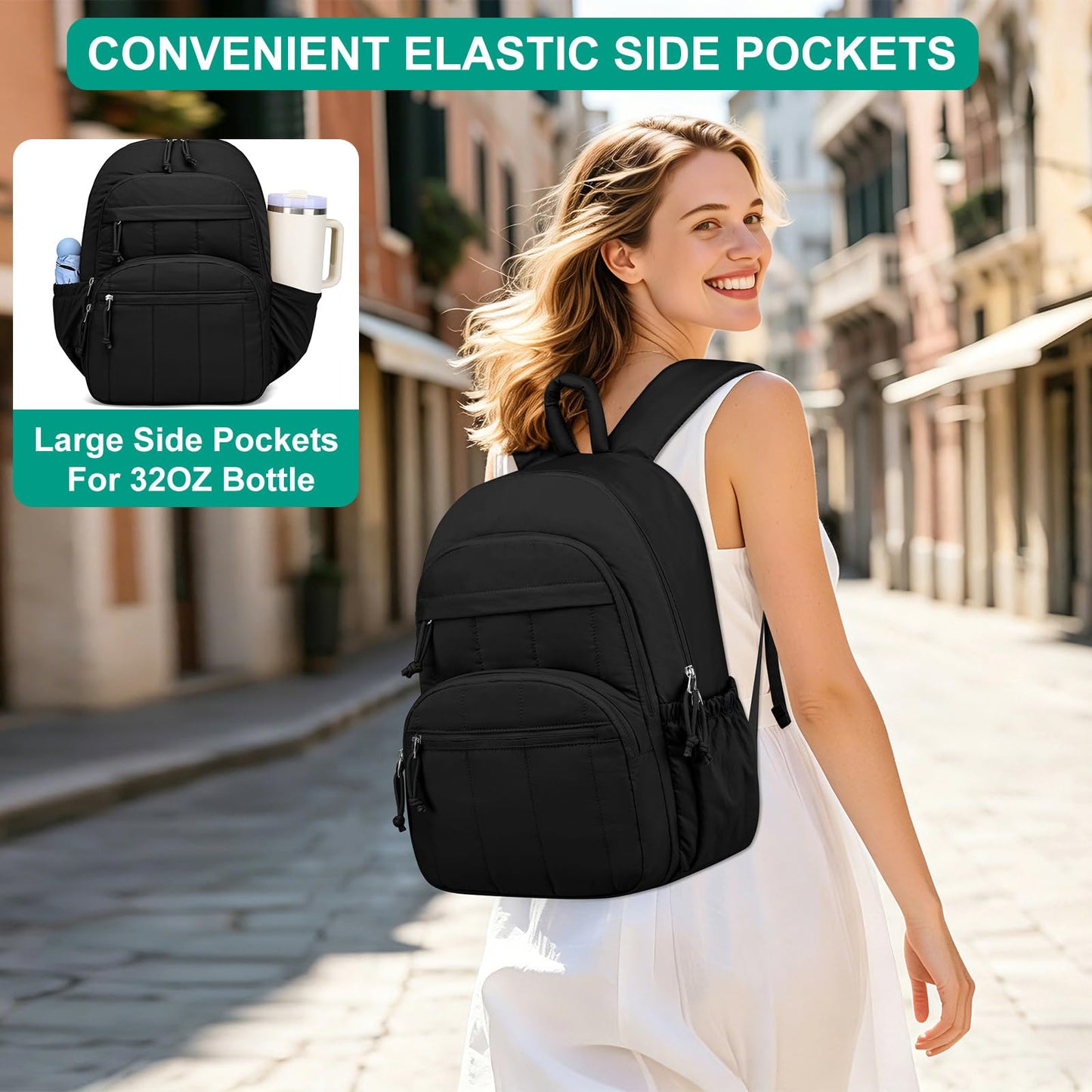 LIVUWERK Travel Laptop Backpack for Women Bookbag: Quilted 15.6 Inch College Back Pack Lightweight Casual Bag Water Resistant Daypack for Students Girls Business Computer Back Pack for Work Black