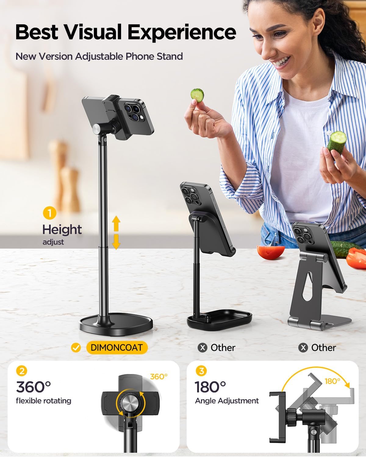 DIMONCOAT Phone Stand for Desk, Angle Height Adjustable Phone Holder for Desk, Aluminum Alloy Universal iPhone Holder, Retractable Cell Phone Stand Recording Office for iPhone 17 16 15 Pro Max S26