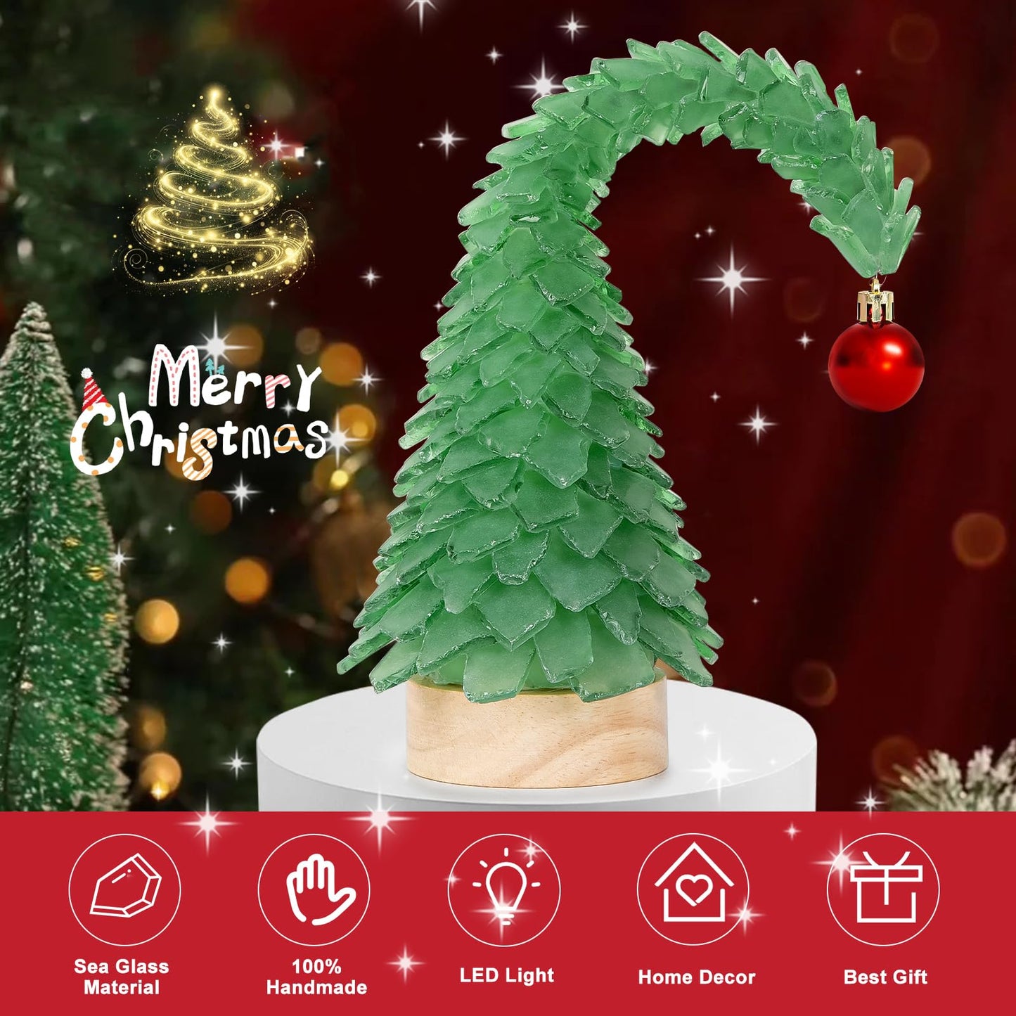 Crooked Sea Glass Christmas Tree with LED Lights - Handcrafted Whimsical Mini Green Christmas Tree, Ideal for Christmas, New Year, Coastal Holiday Decor & Gifts, Versatile Home Decor