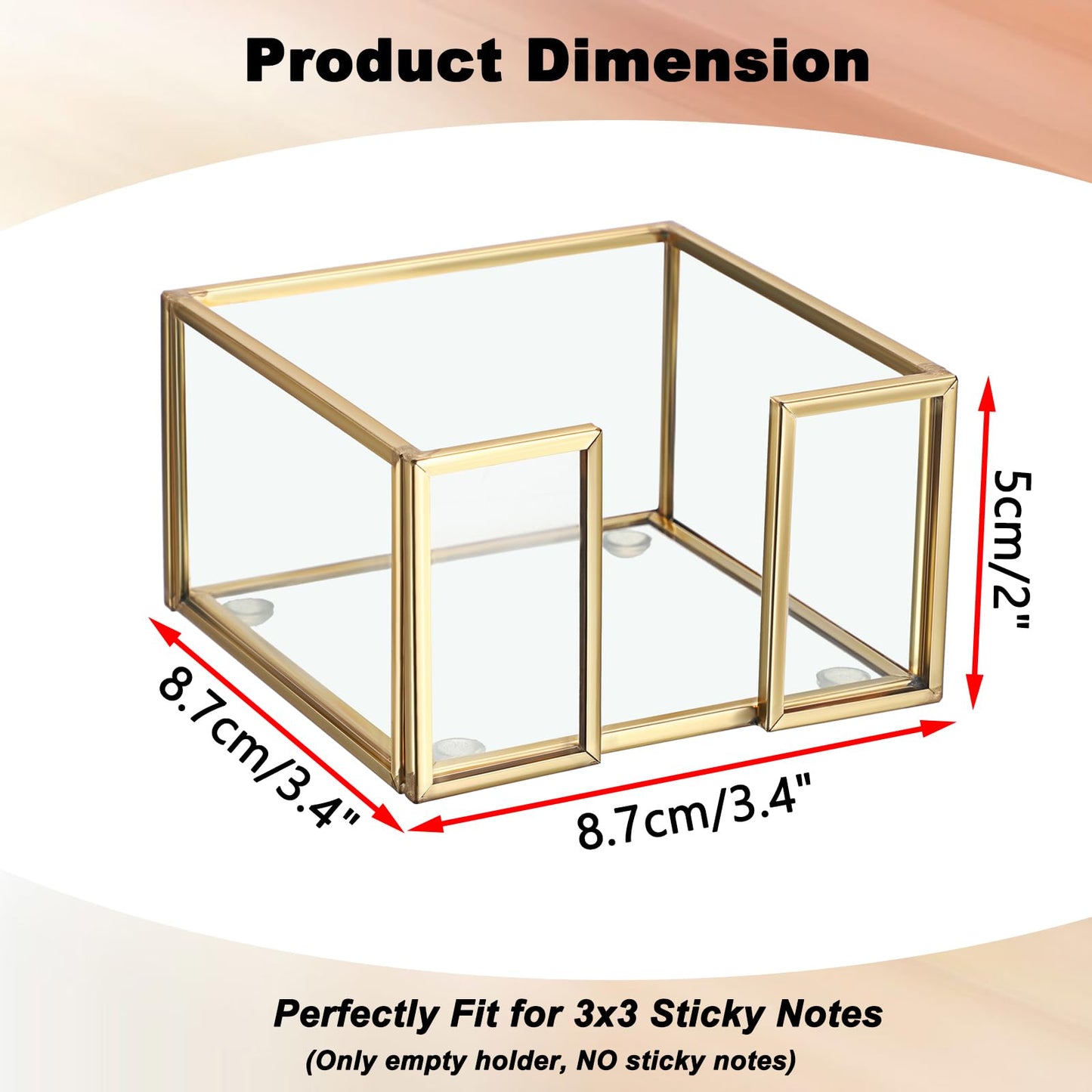 BTSKY Golden Glass Sticky Note Holder for 3x3 Inch Sticky Notes, Elegant Post It Note Dispenser with Non-Slip Pads Clear Notepad Holder for Desk Organization Planning, Home Office Decor