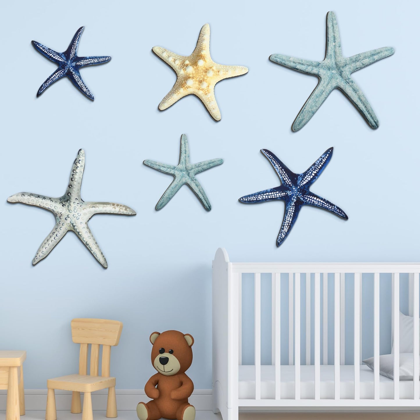 CroBlissful 6 Pcs Summer Starfish Wall Decor Beach Starfish Wooden Wall Art Beach Coastal Wooden Sign with Hook Summer Hanging Decoration for Home Farmhouse Sculpture Indoor Outdoor