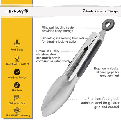 Small Silicone Tongs 7-Inch Mini Serving Tongs, Set of 3 (Black Gray White)