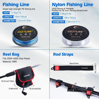 Goture Fishing Pole and Reel Combo, Portable Fishing Rod and Reel,Compact Fishing Gear for Travel, Lure Fishing Rod Combo Carbon Fiber 6-Piece Rod with Reel Lines Lures Tools and Storage Bag