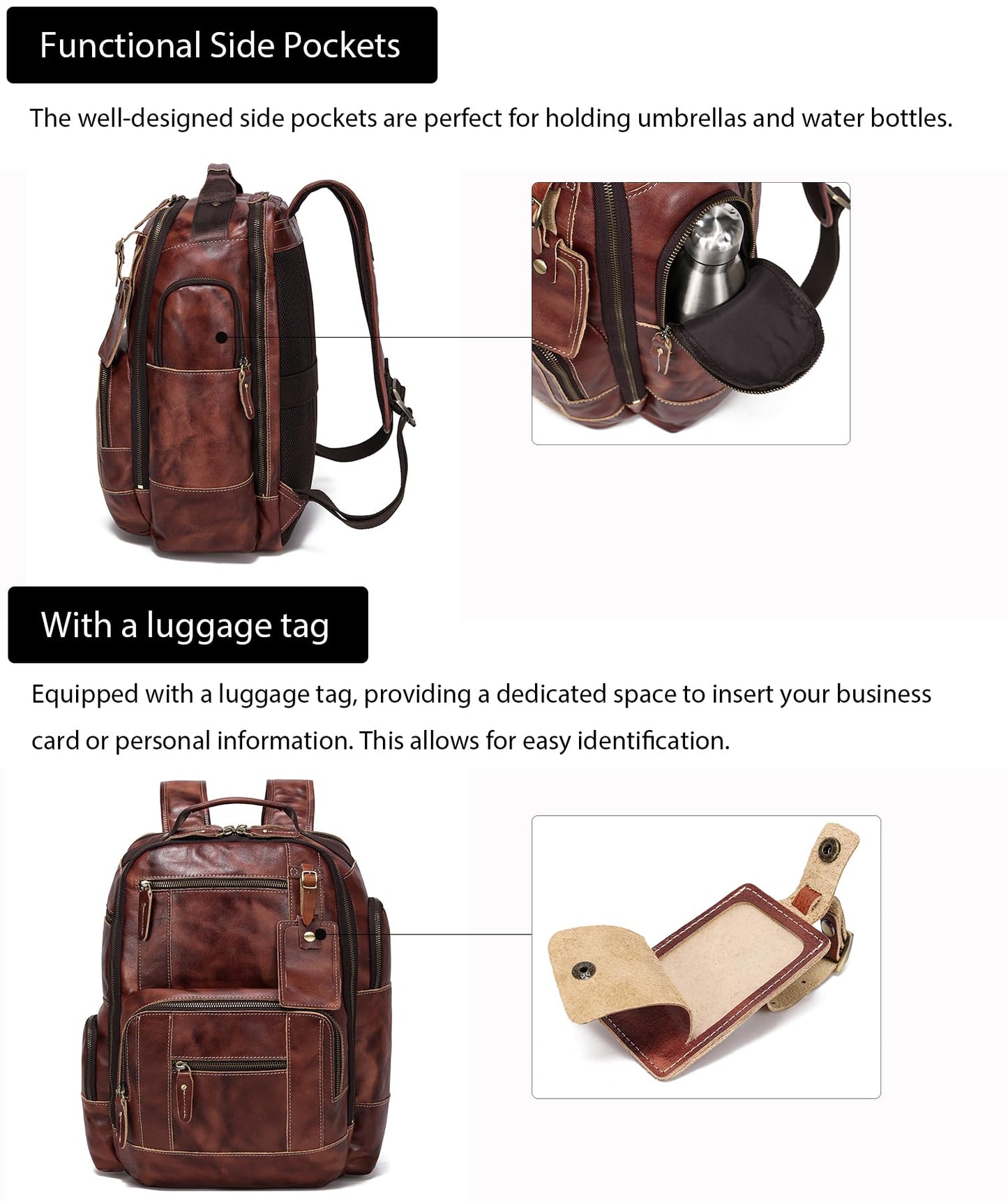 LANNSYNE Full Grain Leather Backpack For Men, Fits 16" Laptop, Coffee