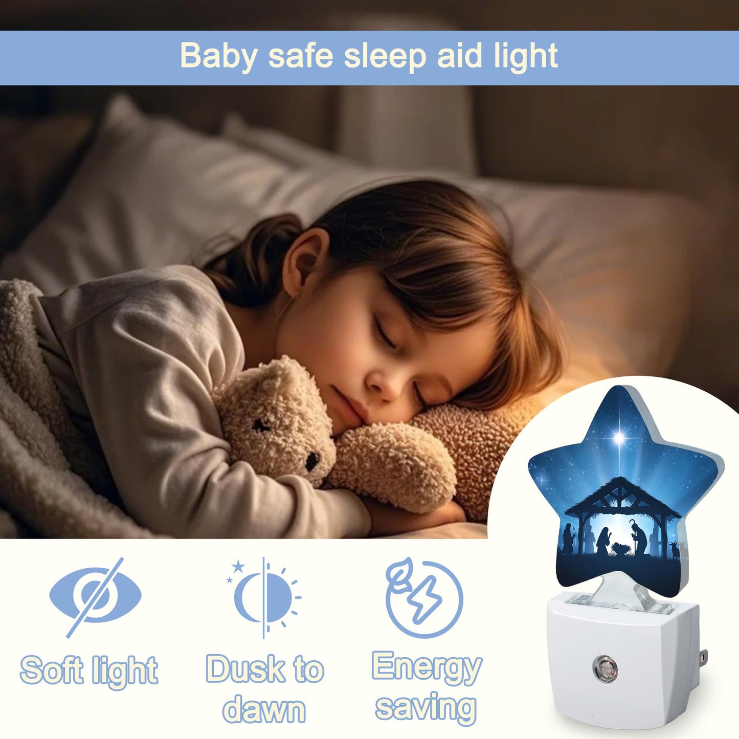 Nativity Scene Dusk to Dawn Star Night Light,Christmas Starry Sky Smart Sensor Nightlight for Bedroom Kitchen Hallway Stairs,Plug-in Energy Efficient Decor Desk Lamp Women Men Gifts