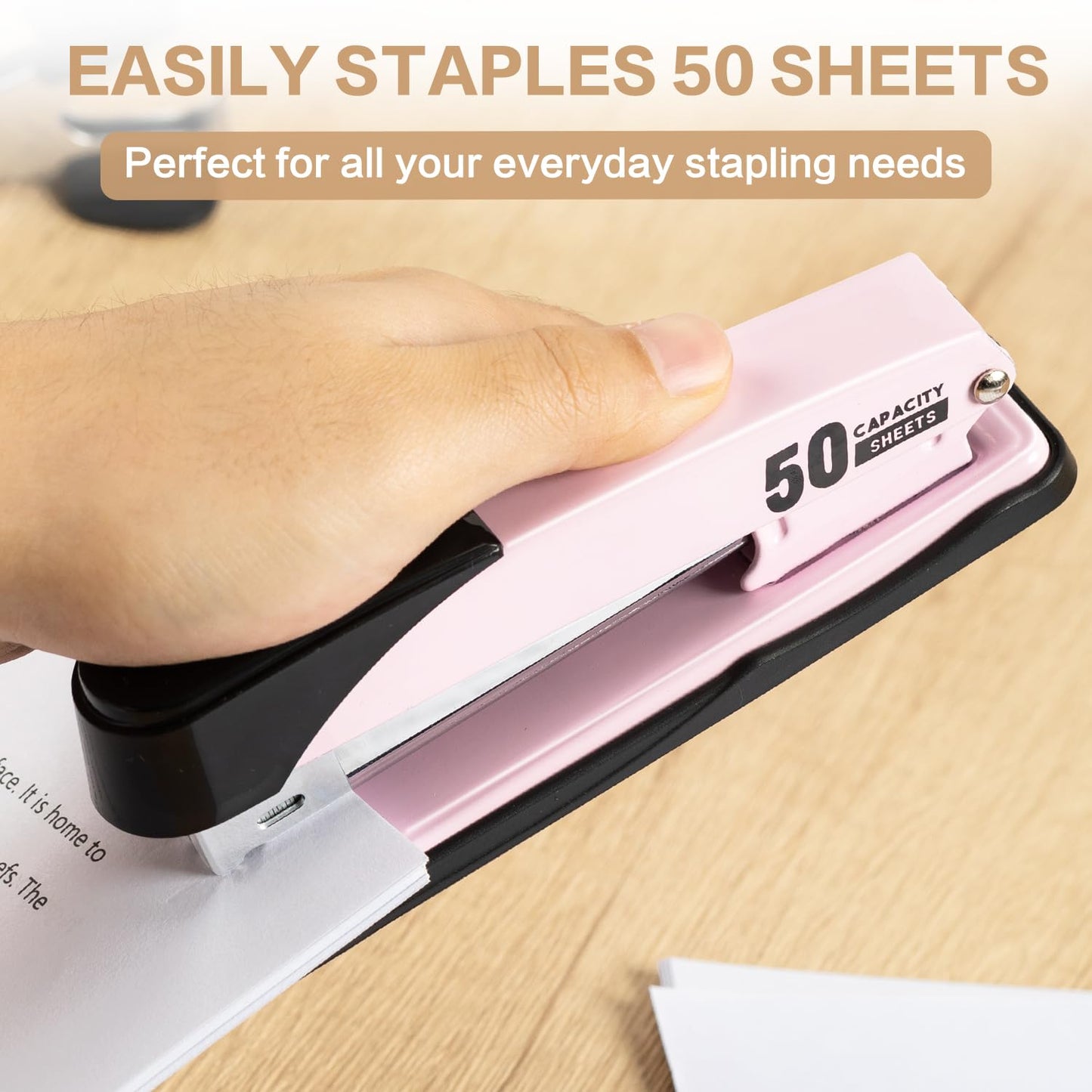 Deli Stapler Heavy Duty, Full Strip Staplers for Desk with 2000 Staples and Staple Remover, 50 Sheet Capacity, No Jam, Non-Slip Office Stapler with Staples for Office, Classroom, Pink