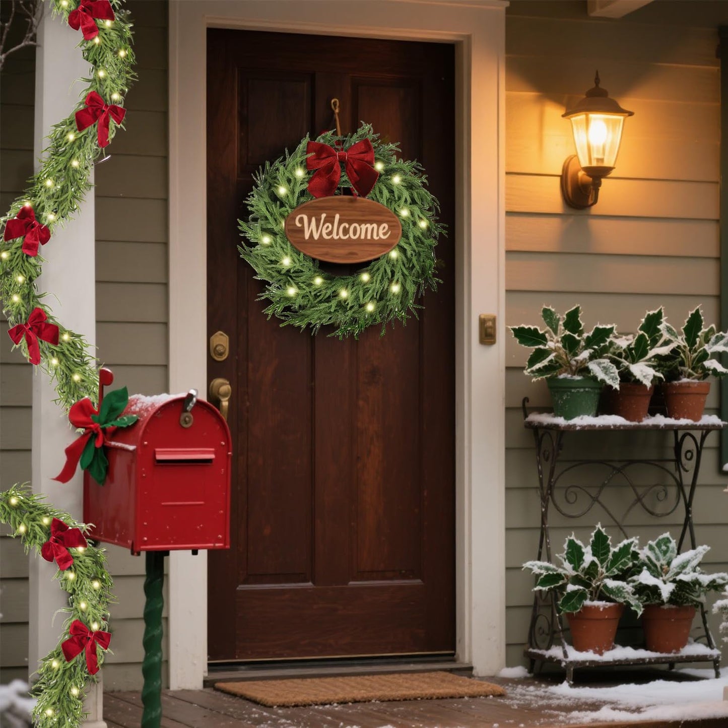 HipTree 9ft Christmas Garland with Lights,Lighted Norfolk Pine Garland for Mantle,Prelit Real Touch Artificial Greenery Christmas Winter Garland with Large Burgundy Velvet Bow for Indoor Outdoor Decor
