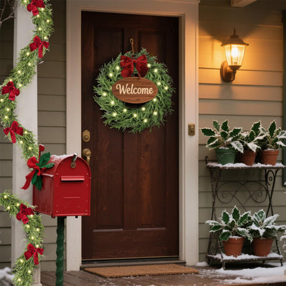 HipTree 9ft Christmas Garland with Lights,Lighted Norfolk Pine Garland for Mantle,Prelit Real Touch Artificial Greenery Christmas Winter Garland with Large Burgundy Velvet Bow for Indoor Outdoor Decor