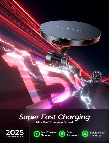 LISEN for Magsafe Car Mount Charger, 15W Fast Charging Magnetic Wireless Car Charger [Mini & Metal], 2025 Ultra Magnetic Car Phone Holder Dashboard for iPhone Car Mount for iPhone 16e Pro Max 15 14 13