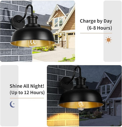 Solar Barn Light for Outside, Gooseneck Outdoor Wall Lights Solar Powered, Farmhouse Exterior Wall Sconce, Industrial Outside Lighting Fixture, Rustic Lantern for Garage, Barn, Shed,RZSR007-2 BK