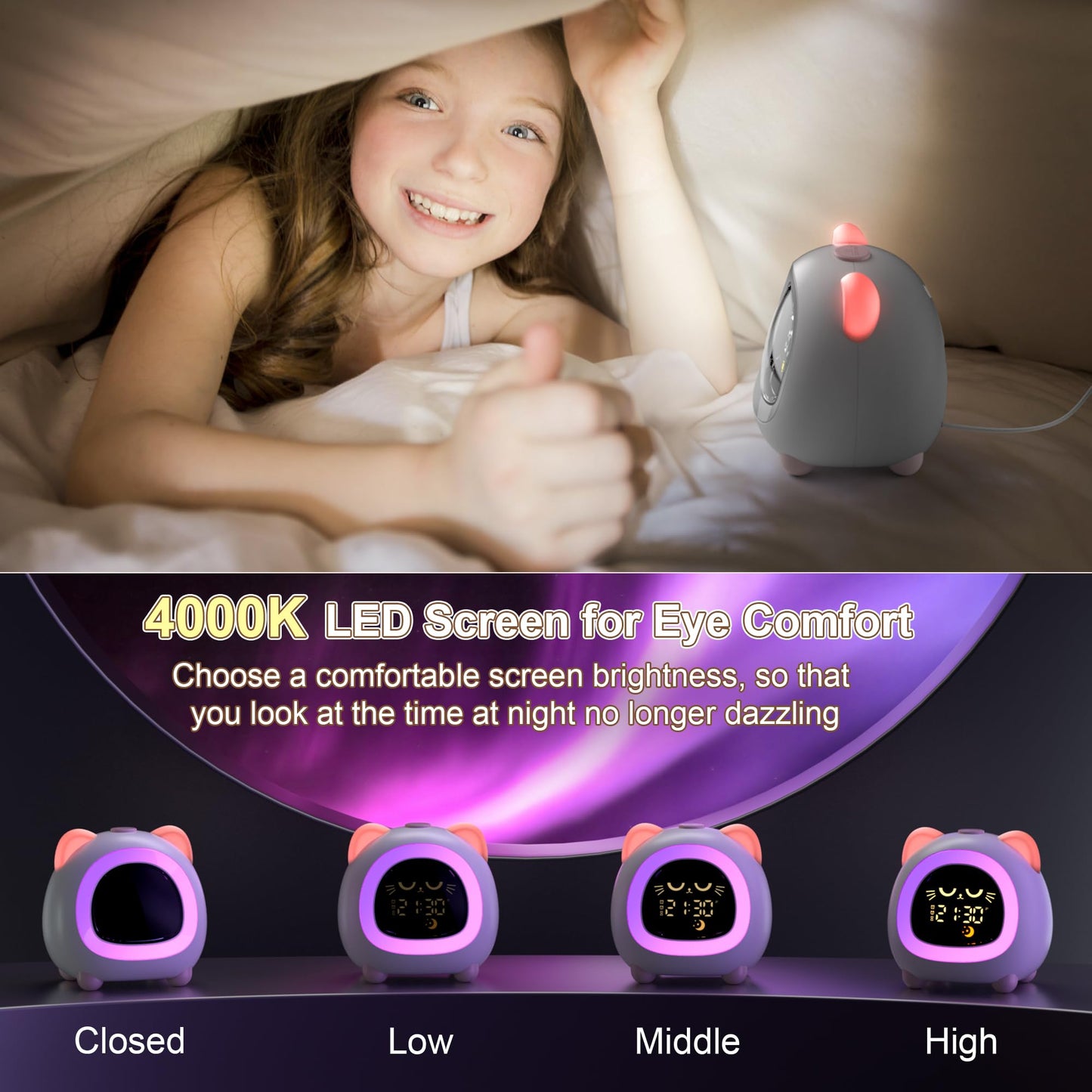 ANALOI Alarm Clock for Kids, Ok to Wake Clock for Kids with Eye Protection Sleep Training Auto Off Feature 10 Night Light Dual Alarm for Bedroom, Kids Alarm Clock Pink Cat Gifts for Girls