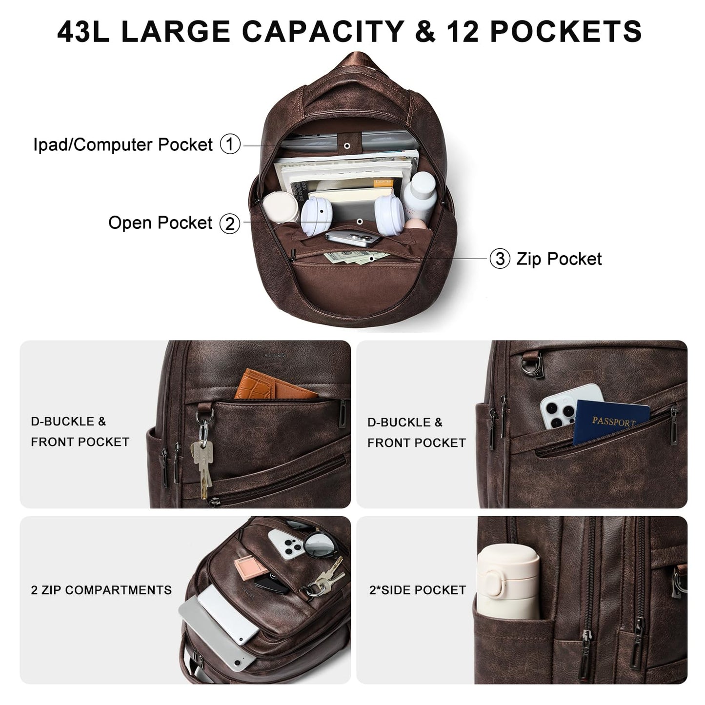 LATMAP 43L Backpack for Women Men - Vegan Leather Backpack Purse Travel Carry-on Bag College Bookbag Work fits 17" Laptop, Coffee
