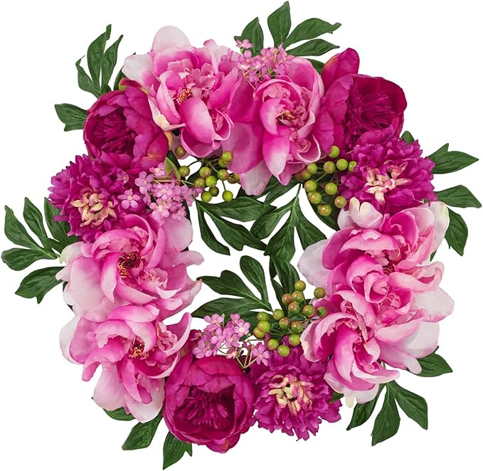 WELL KNOWN Spring Wreaths for Front Door, Peony Wreath for Front Door, Porch Outside Indoor, Wall Window Farmhouse Party Holiday Home Decor(Fuchsia)