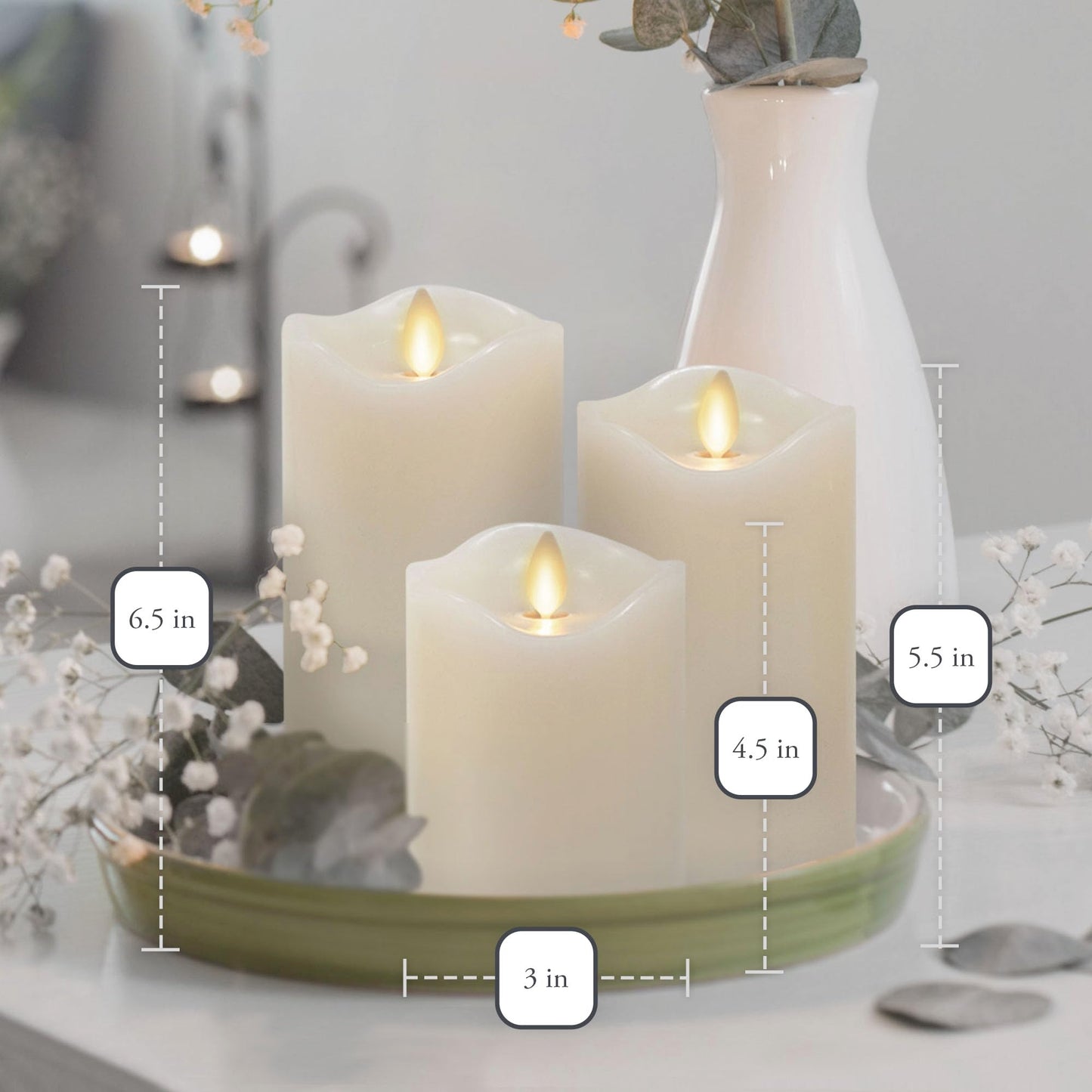 Matchless Candle Co. by Luminara Set of 3 Flameless LED Pillar Candles, Real Wax, Moving Flame (3x4.5, 3x5.5, 3x6.5 Inch, Unscented)