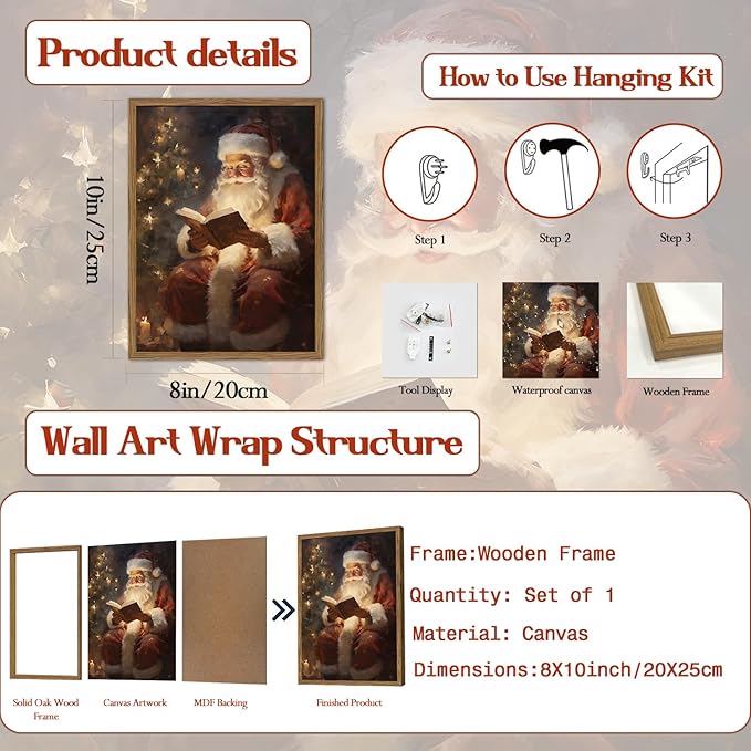 Framed Vintage Christmas Canvas Wall Art, Santa Claus Reading Book Paintings Wall Decor, Rustic Winter Holiday Pictures Prints for Living Room Bedroom Home Decoration 8×10 inch