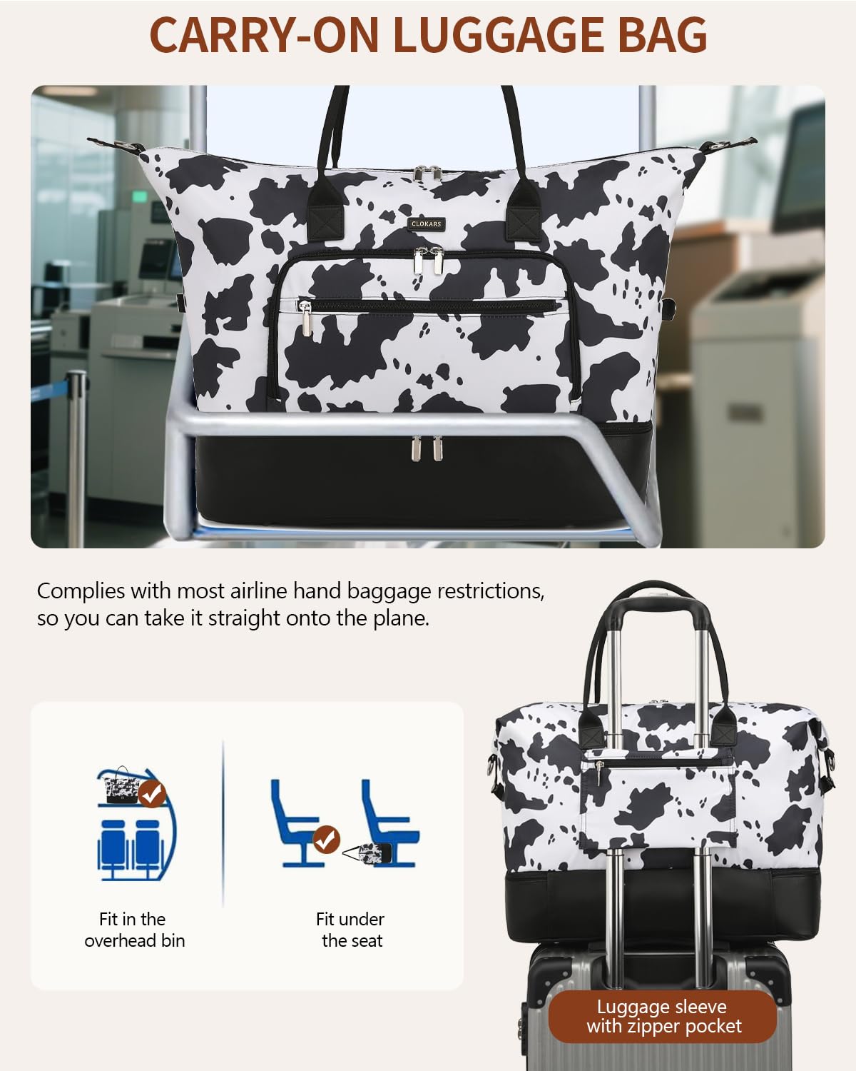 CLOKARS Weekender Bags for Women, Travel Duffle Bag Carry On Overnight Bag with Cosmetics Bag and Crossbody Purse for Gym Hospital, Gifts for Women, Cow Print Black
