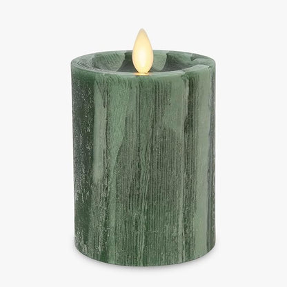Luminara Selenite Looking Flameless Candle, Holiday Green 3" x 4.5", Battery Operated Real Wax Moving Flame LED Pillar w/Timer, Home Decor Unscented