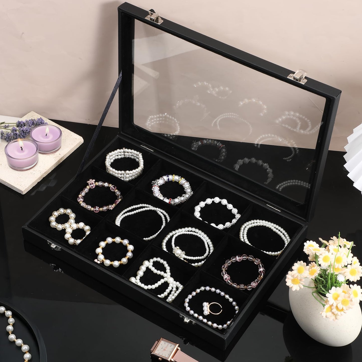 12 Grid Stackable Bracelet Holder Organizer Box for Drawer Tray, Velvet Jewelry Organizer Box Bracelet Display Jewelry Trays with Transparent Glass Lid Bangle Necklace Ring Holder Case for Selling