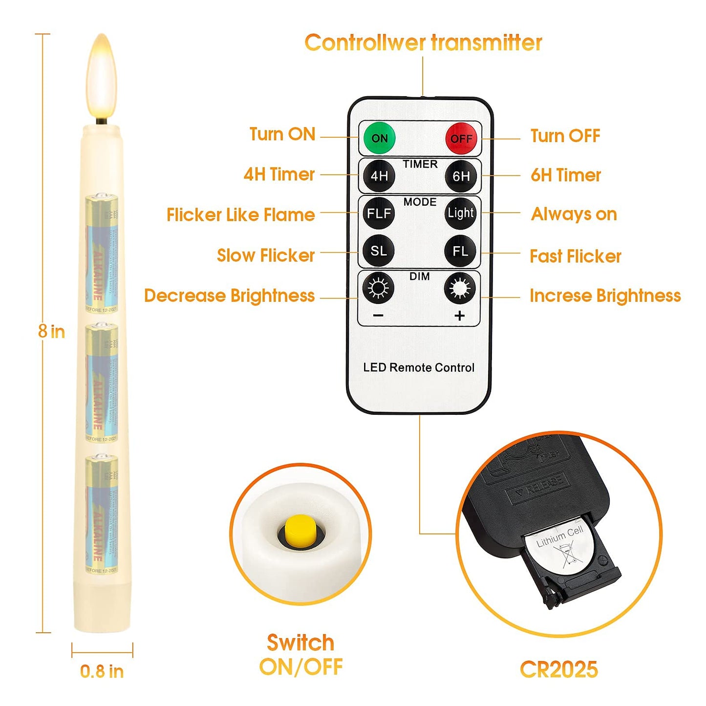 FPOO 8PCS Flameless Flickering Taper Candles with 2 Remote Control and Timer, 8 Inch 3D Wick Floating Flickering Flame, Battery Operated LED Window Candle Lights, Christmas Home Wedding Decor (Ivory)
