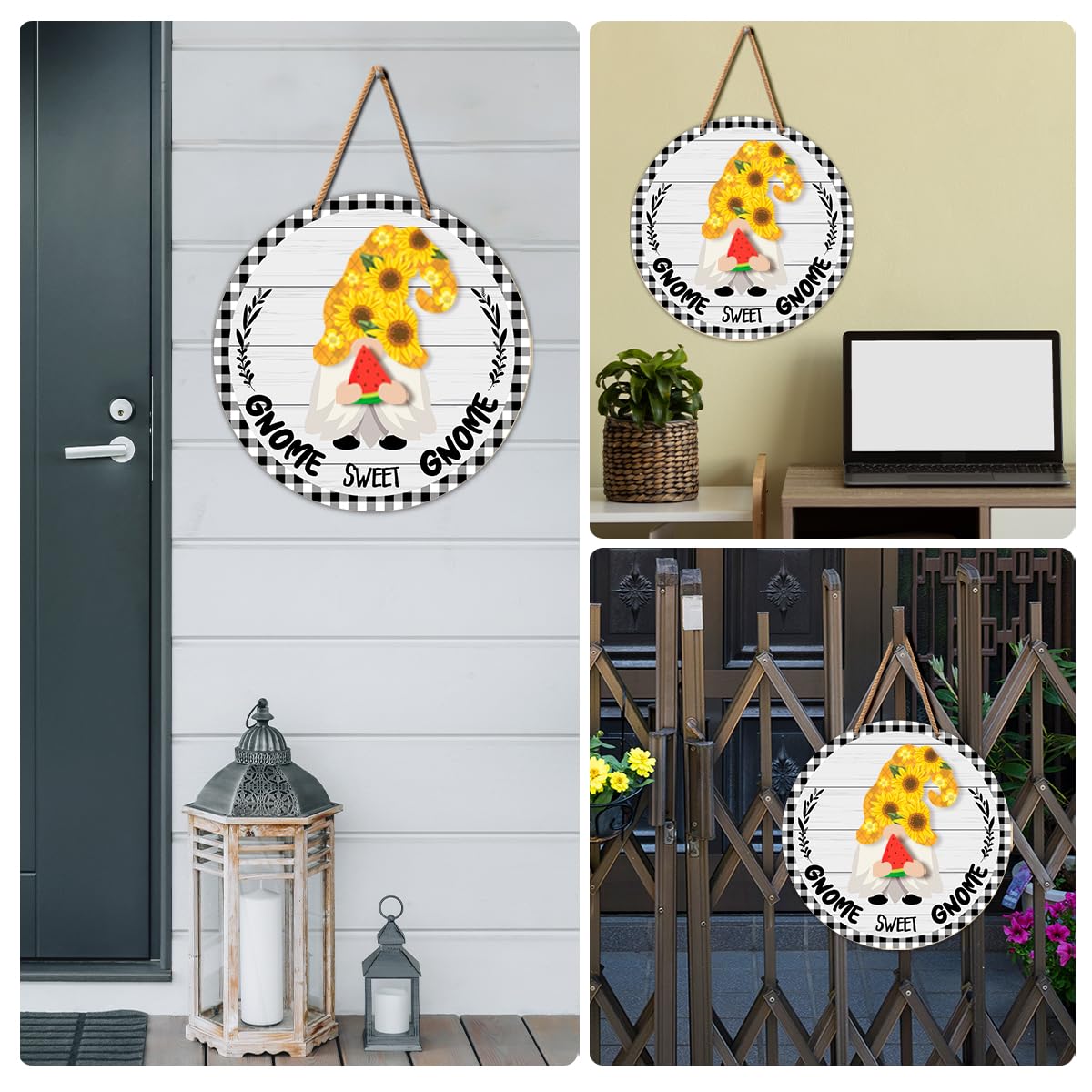 Interchangeable Gnome Welcome Sign Summer Patriotic 4th of July Door Decoration, Changeable Front Porch Decor Wood Wreath Gnomes Gifts for Spring Fall Winter All Seasons Holiday, Antique White