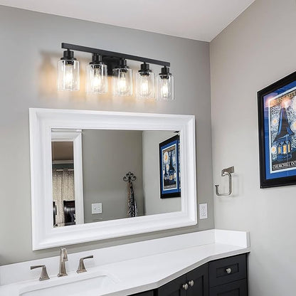 5-Light Black Bathroom Vanity Light, Modern Vanity Lighting Fixture for Bathroom, 31" Matte Light Fixture, Wall Sconces with Clear Glass Shade, Black Bathroom Wall Light Over Mirror
