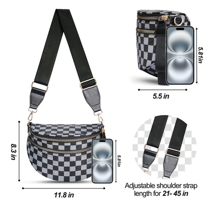Checkered Crossbody Bag,Nylon Bum Bags for Women Crossbody,Spacious Sling Bag Purse Fanny Packs with Shoulder Strap
