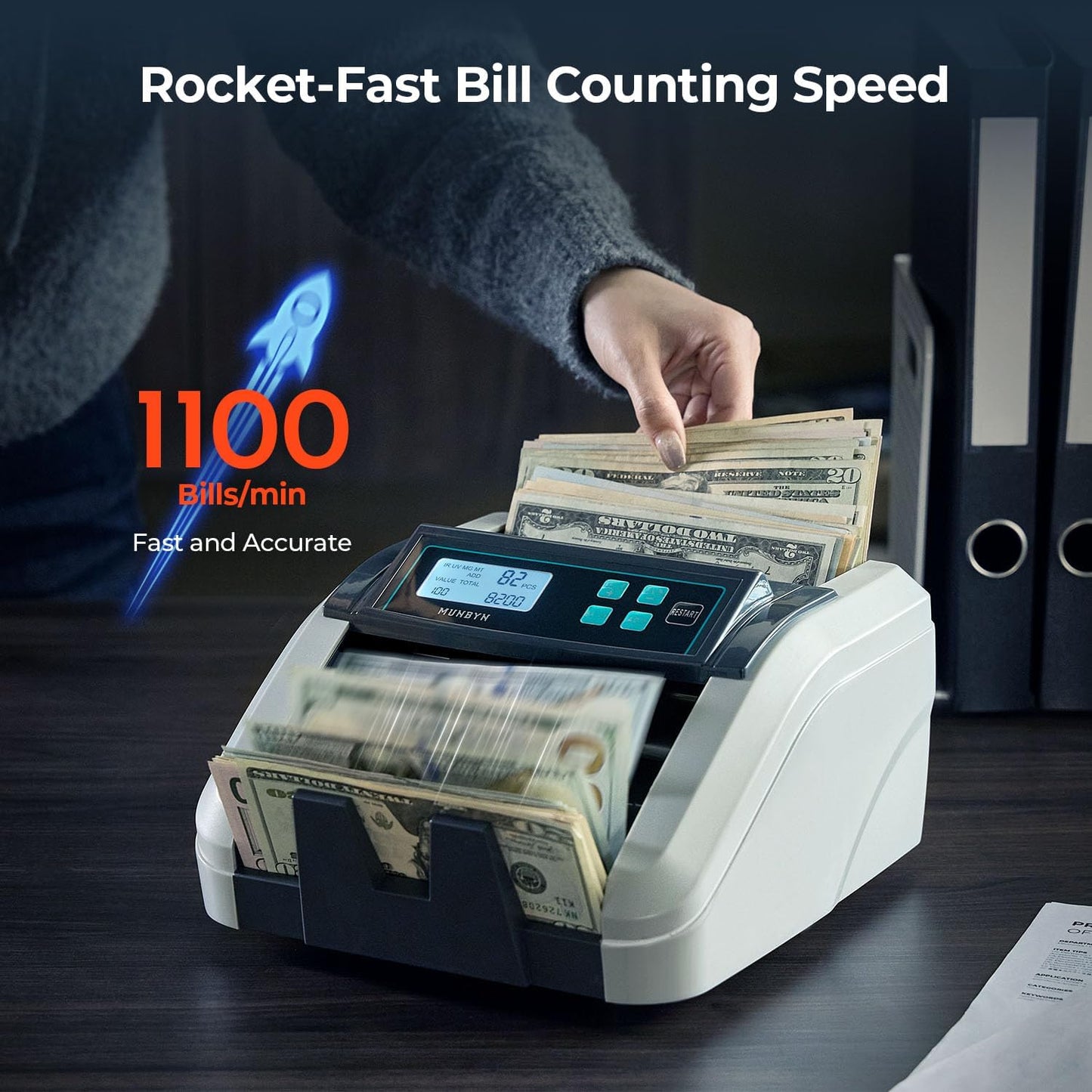 MUNBYN IMC51 Money Counter Machine Count Value, Add+Batch/Add+ Value Mode Bill Counter, UV/MG/IR/MT Detection, USD only Cash Counter,1100 Bills/min, Money Counting Machine with LCD Display (Gray)