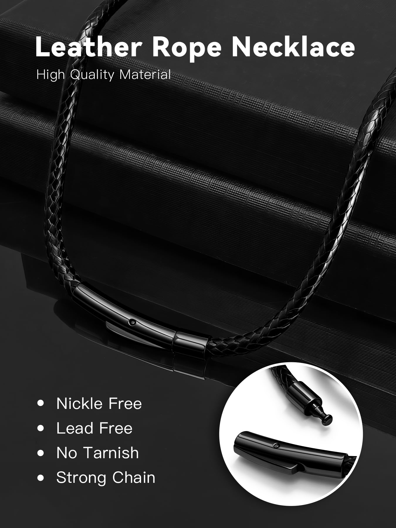 Hoyazvet 3MM Black Rope|Black Clasp Waterproof Braided Leather Necklace Cord for Men Women Black Wax Rope Chain for Pendants, 24 Inch Lengths(Gift Box)