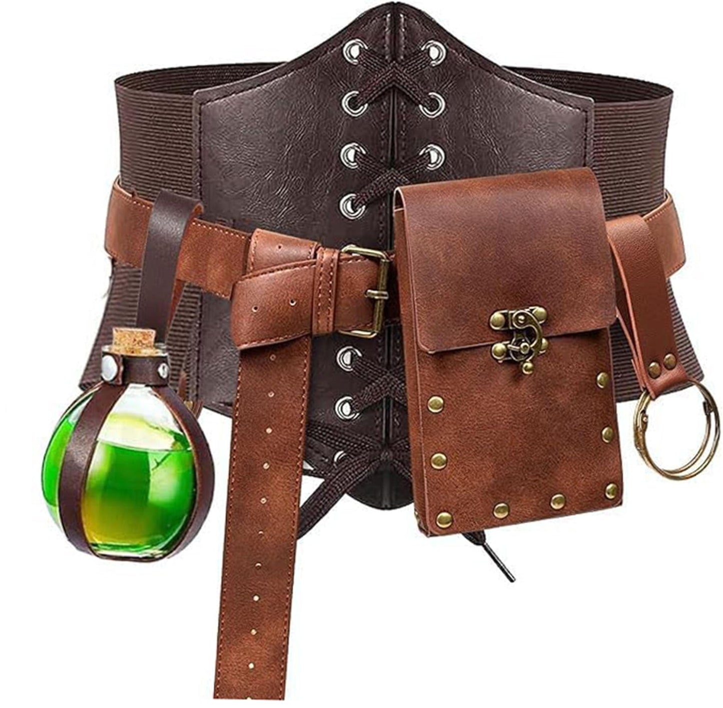 SUMGOGO Renaissance Belt Pouch Waist Phone Bag Potion Bottle Skirt Hike Hook Corset Retro Medieval Festival Costume Accessories (Brown, S-Waist/25.6"-34")