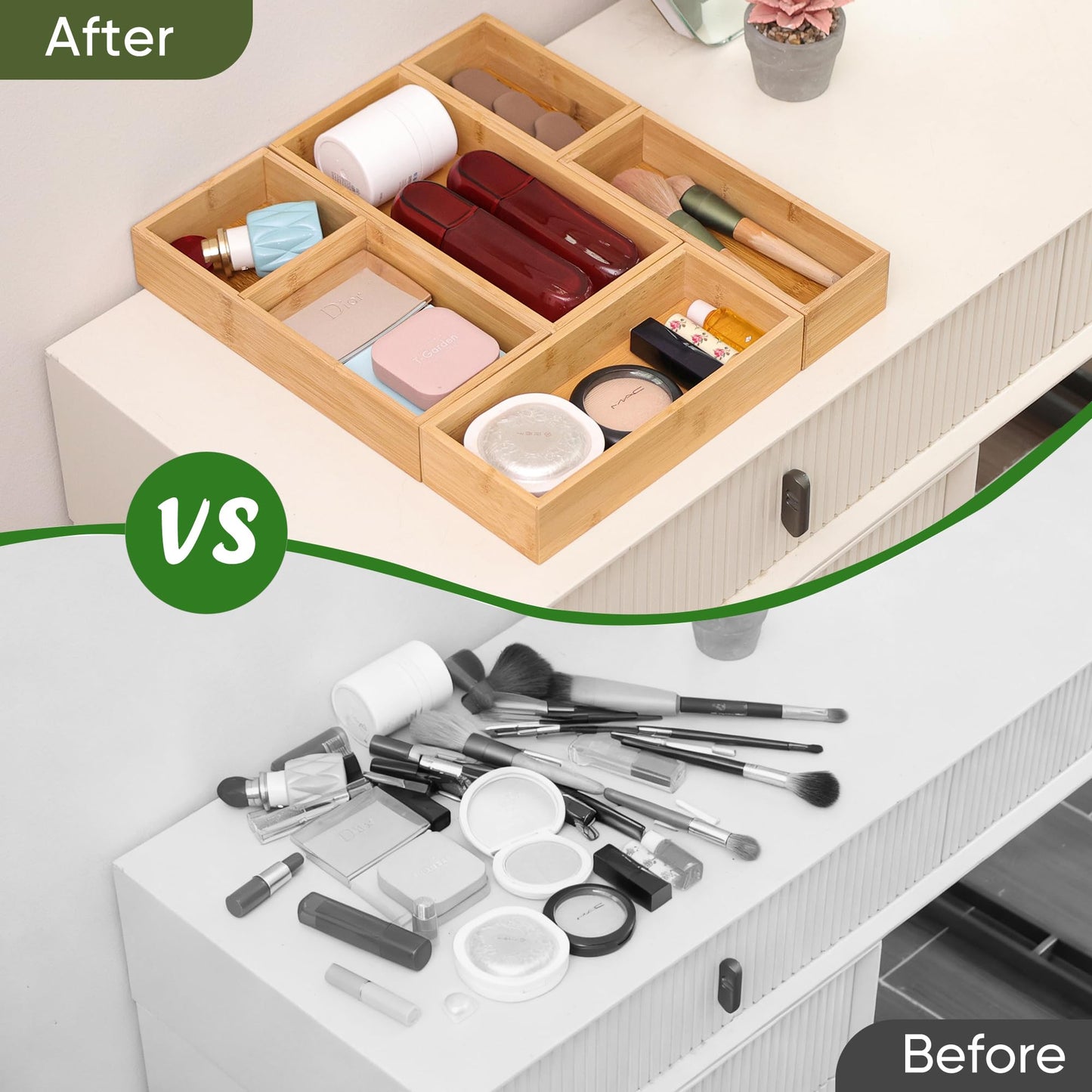 Vincona Bamboo Drawer Organizers Set, 3PCS Multi-Use Wood Storage Organizers, Desk Drawer Tray for Kitchen, Bathroom, Office, Dresser, Bamboo Box Bin for Jewelry, Makeup, Junk, Gadgets