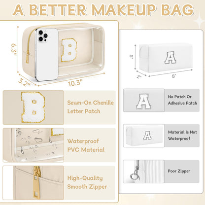 WELIDAY Initial Clear Makeup Bag, Birthday Gift Preppy Chenille Patch Cosmetic Bag, Initial Travel Essentials Beach Toiletry Pouch, Ideal Gift for Teachers & Moms, Women and Girls (Beige, B)