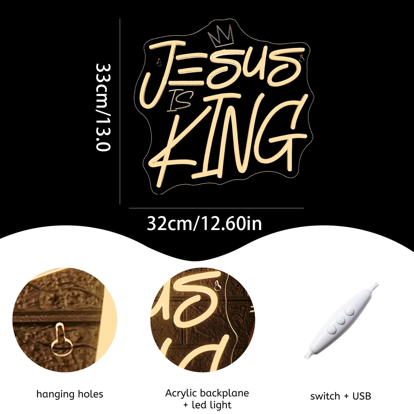 WLHOPE Jesus Is King Neon Sign Dimmable Led Signs for home Wall Decor, Neon Lights USB Powered Transparent Acrylic Board Sign for church party bedroom living room Decoration 12.99 * 12.6 inch